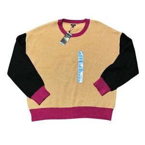Express Relaxed Sweater Large Tan Black Fuchsia Colorblock Ribbed Knit New
